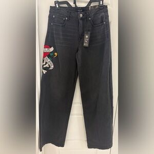 Women’s Ed Hardy Black Jeans with Skull and Rose Embroidery